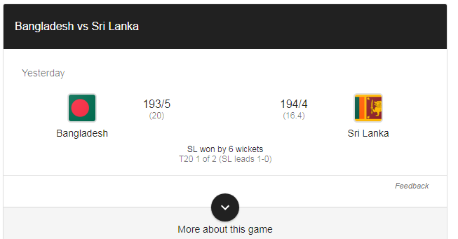 Bangladesh VS Sri Lanka 15 Feb 2018 – Sri Lanka Won By 6 Wicket