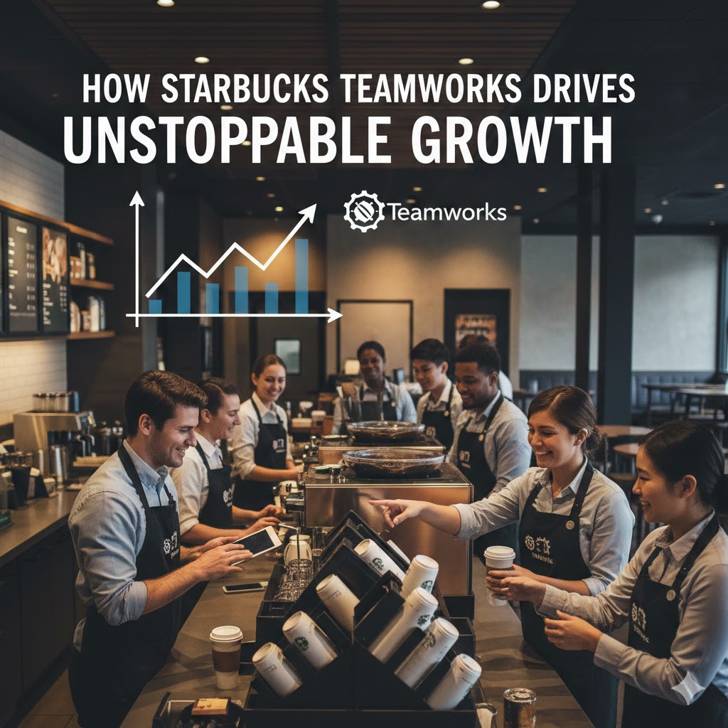 Barista-using-Starbucks-Teamworks-app-on-digital-device, Starbucks-store-team-collaborating, graph-showing-Starbucks-employee-retention-impact.