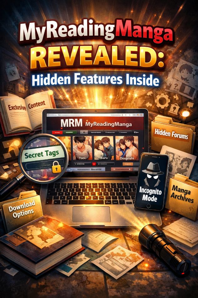 A person using a tablet to read manga on the myreadignmnaga website, with callouts highlighting hidden menu features on the screen.