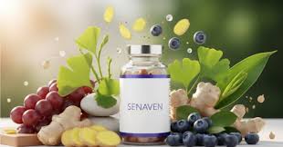 Bottle of Senaven supplement capsules on a wooden table with natural herbs and a brain model, representing cognitive wellness.