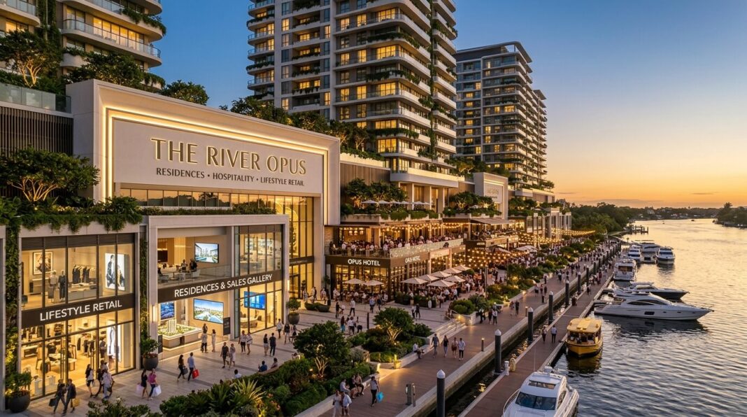 Luxury residential towers and retail spaces along a waterfront development with modern architecture and landscaping